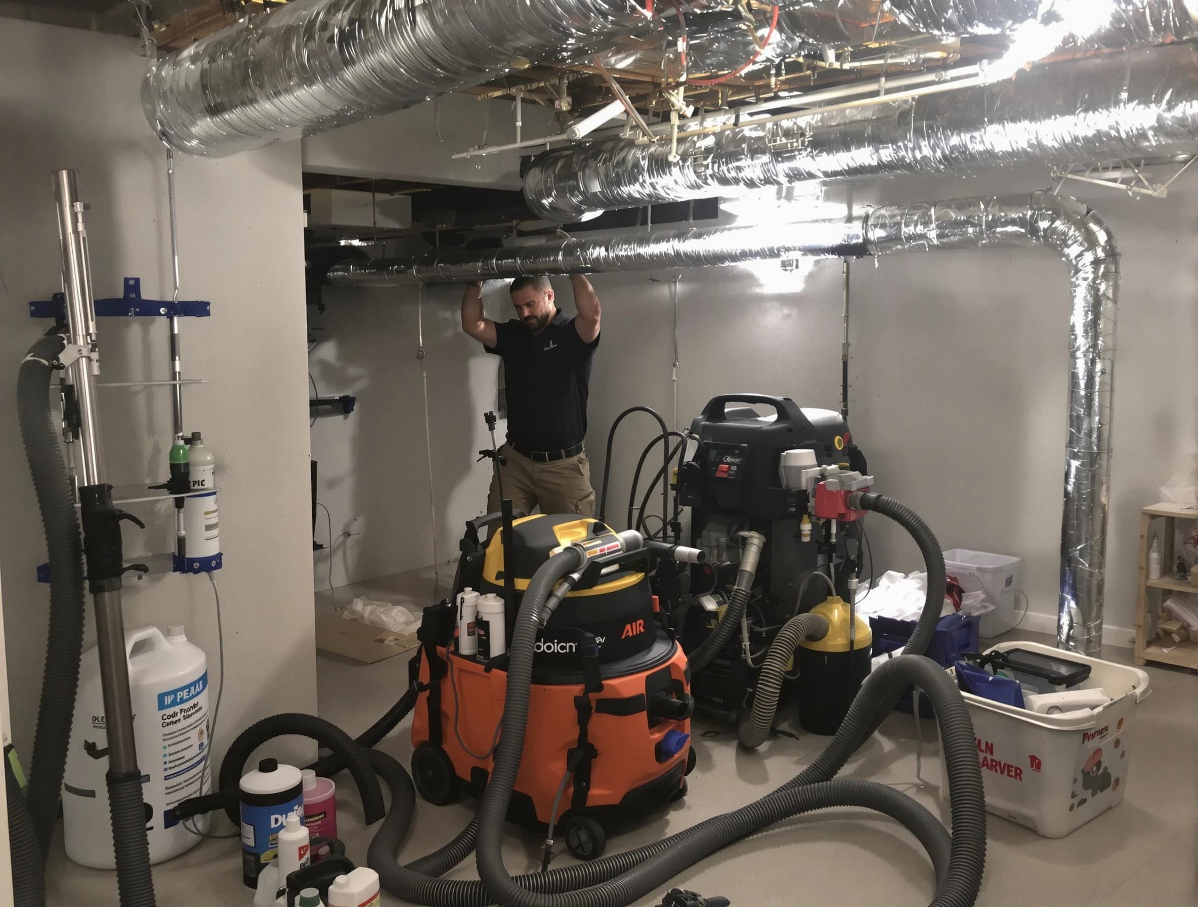 Perry Air Duct Cleaning specialist performing professional mold removal from air ducts using safety equipment in Perry