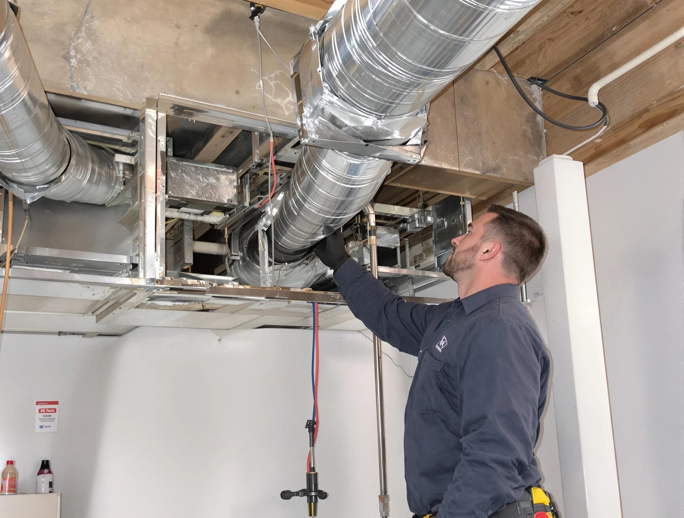 Perry Air Duct Cleaning technician performing professional air duct repair using specialized tools in Perry