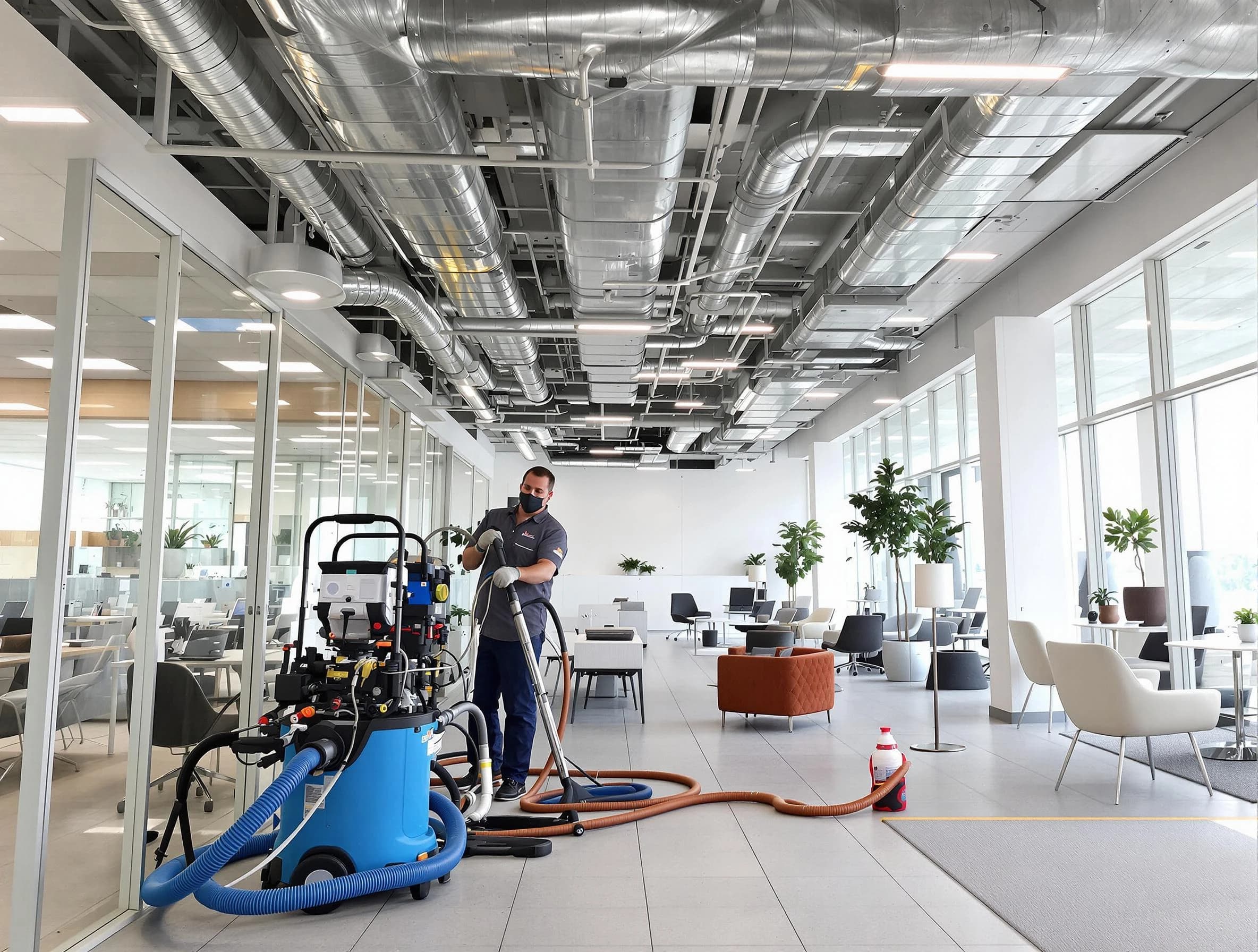 Perry Air Duct Cleaning team conducting comprehensive commercial duct cleaning at a business location in Perry