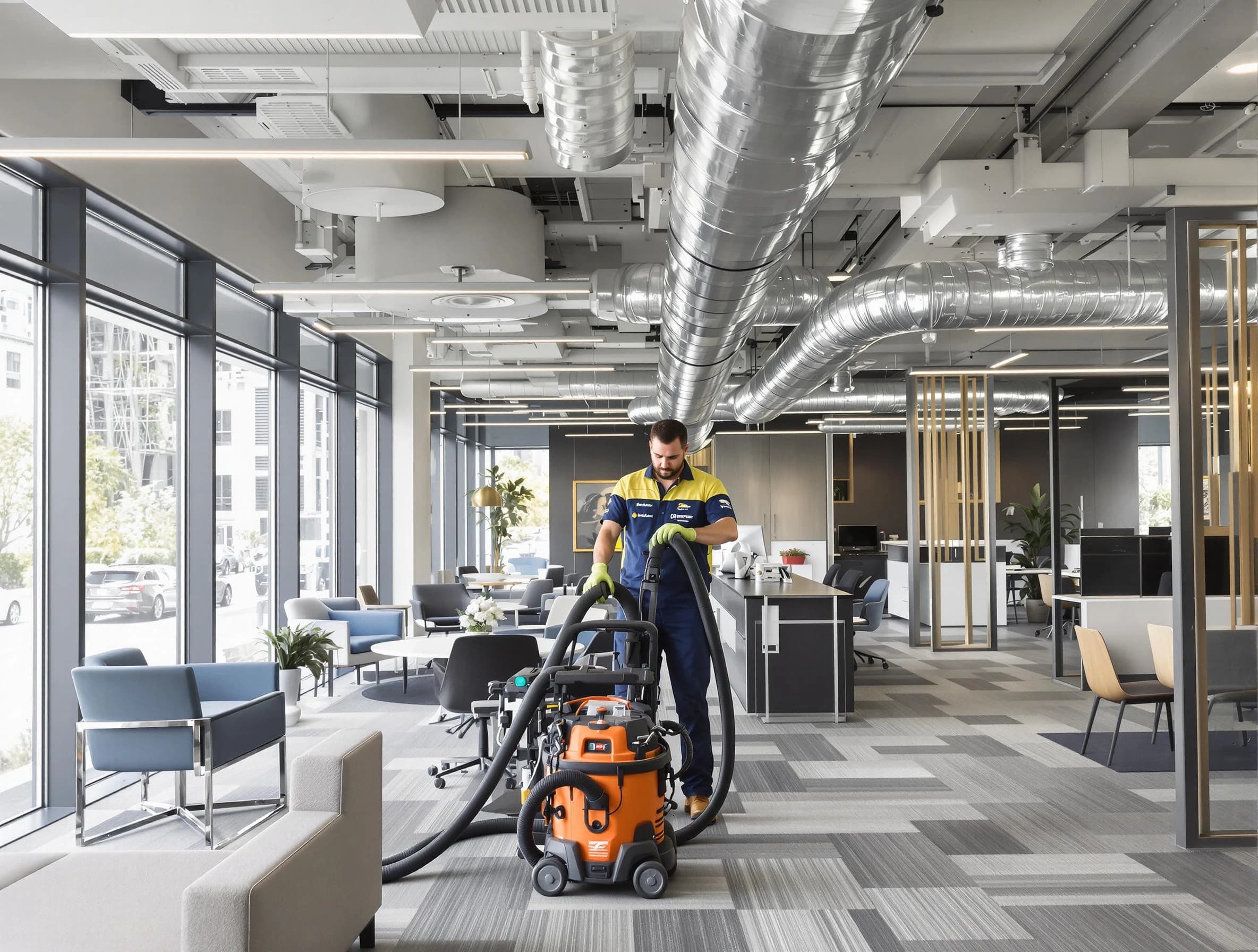 Perry Air Duct Cleaning team performing thorough commercial duct cleaning at a Perry business center