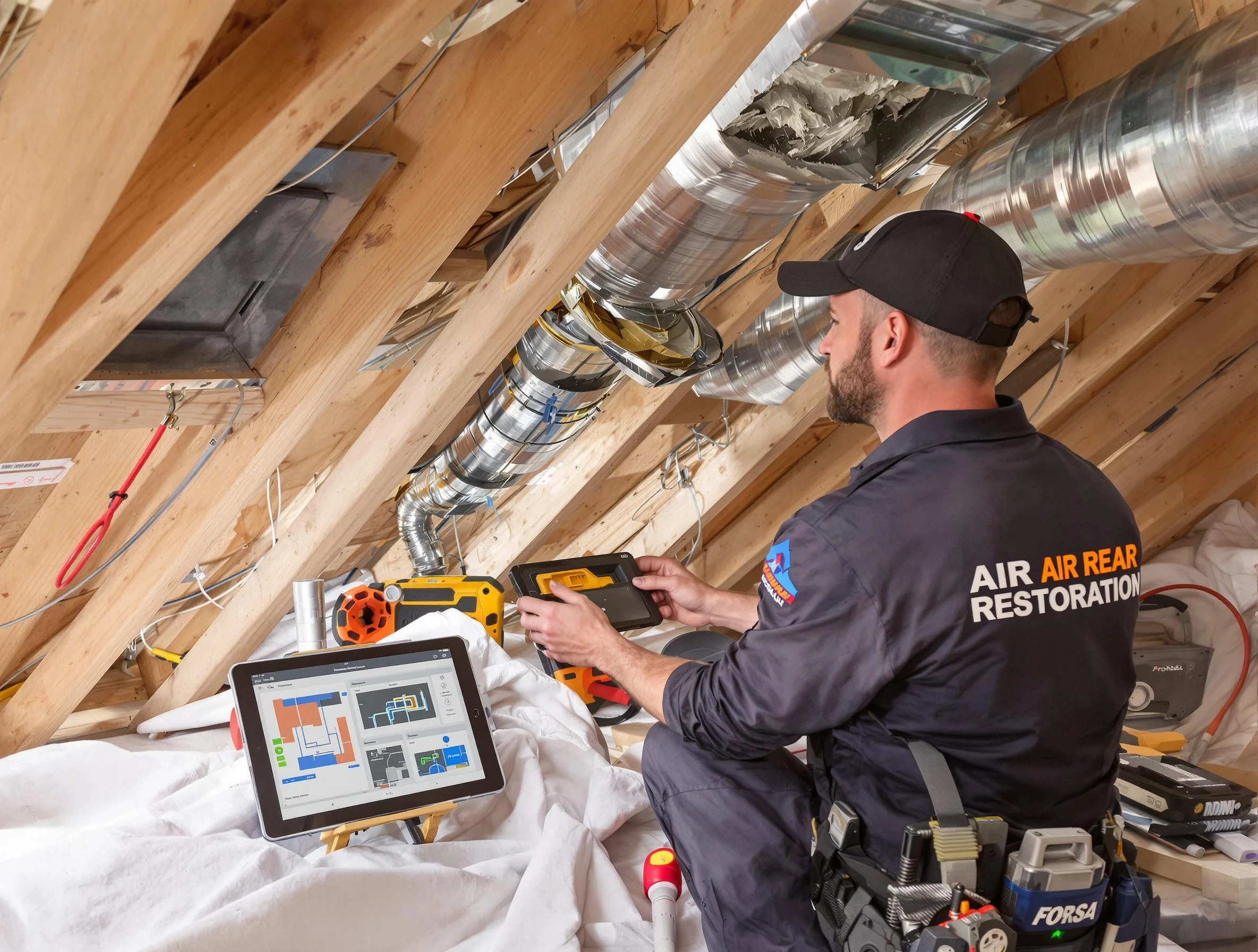 Perry Air Duct Cleaning technician performing precise duct repair work in Perry
