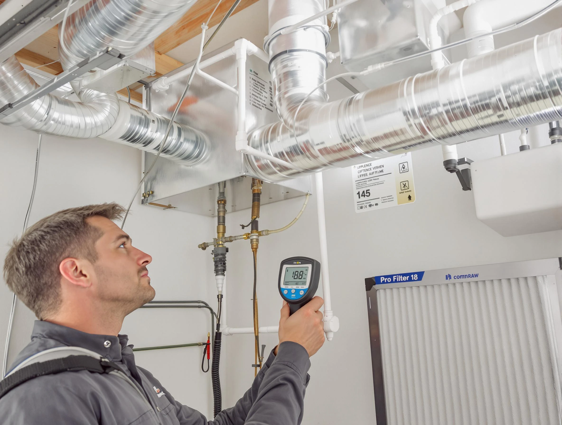 Perry Air Duct Cleaning expert conducting detailed filter system inspection using diagnostic tools in Perry
