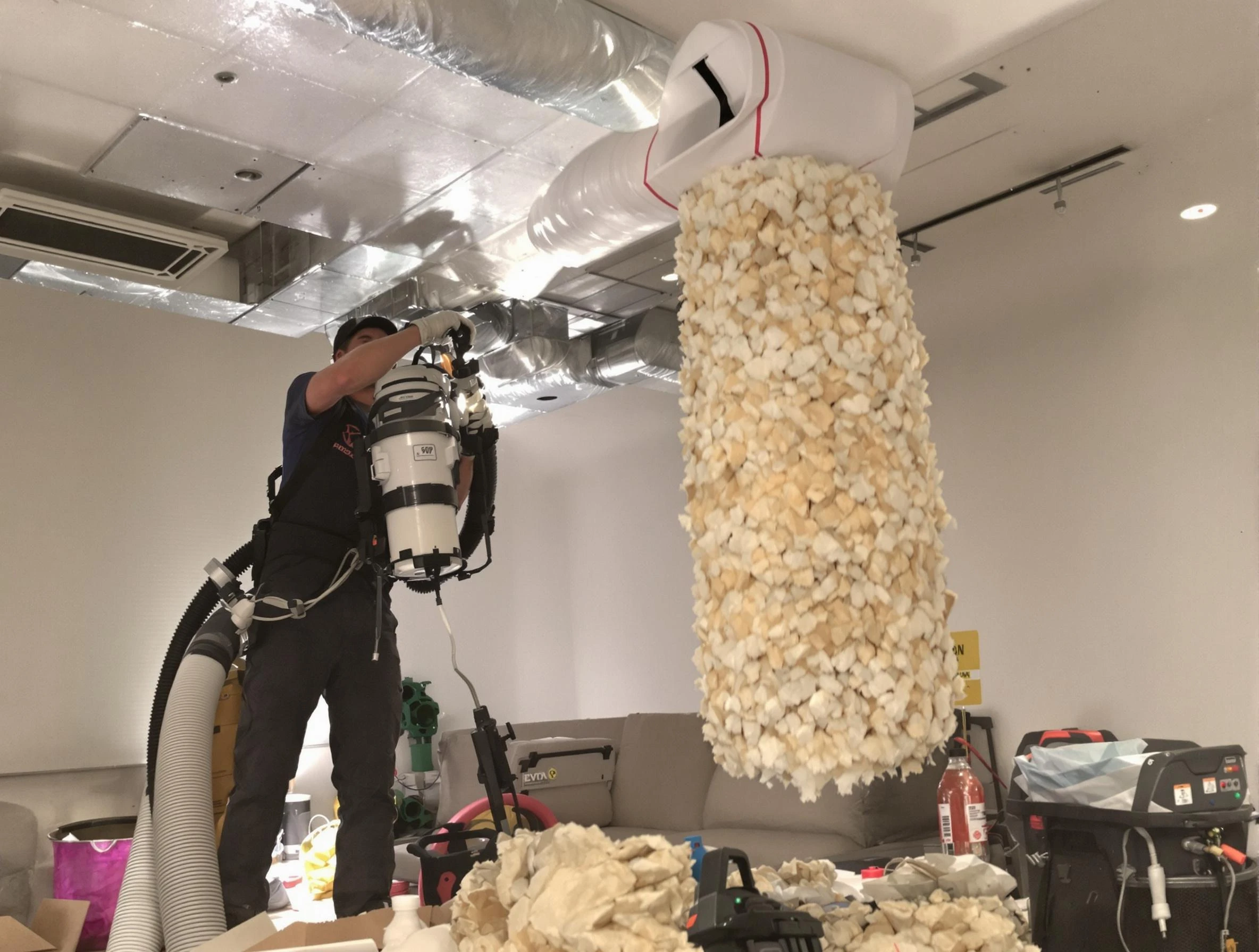 Perry Air Duct Cleaning technician performing precision vacuum insulation removal in a residential property in Perry